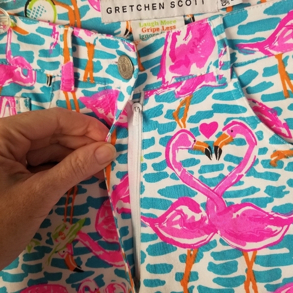 Gretchen Scott Flamingo Print Chino Pants Size XXS Shrimp Colorful - Picture 8 of 12